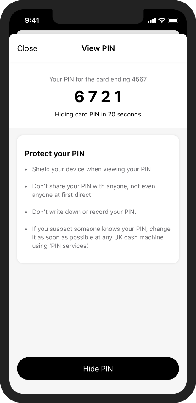 View PIN and card details first direct